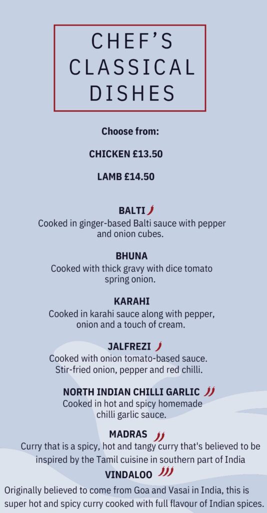Classic Dishes Menu